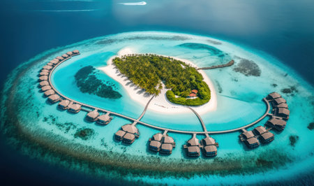 Luxury Tropical Resort with Water Villas and Beautiful Beach Scene. Perfect for travel brochures and websites. Generative AIの素材