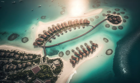 Luxury Tropical Resort with Water Villas and Beautiful Beach Scene. Perfect for travel brochures and websites. Generative AIの素材