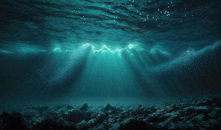 Mesmerizing Deep Blue Ocean Waves Underwater Background with Micro Particles Flowing. Perfect for wallpapers and landing pages. Generative AIの素材