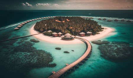 Luxury Tropical Resort with Water Villas and Beautiful Beach Scene. Perfect for travel brochures and websites. Generative AIの素材