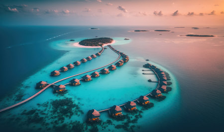 Luxury Tropical Resort with Water Villas and Beautiful Beach Scene. Perfect for travel brochures and websites. Generative AIの素材