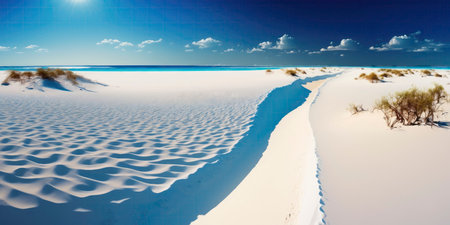 The World's Most Beautiful White Sand Beach with a Peaceful Blue Sky. Perfect for travel brochures and posters. Generative AIの素材