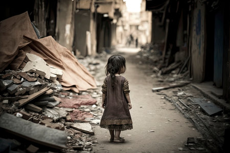 Young girl walking on a dirty street. Perfect for editorial use. Generative AIの素材