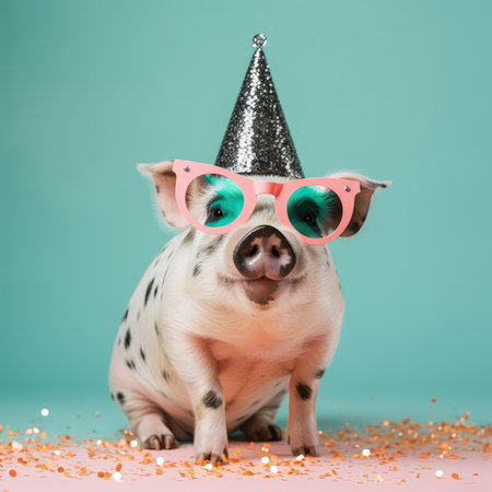 Adorable Pig Celebrating Birthday in Party Hat and Sunglasses. Perfect for anniversary and birthday cards. Generative AIの素材