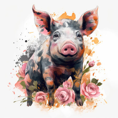 Floral Pig on White Background for Invitations and Posters. Generative AIの素材