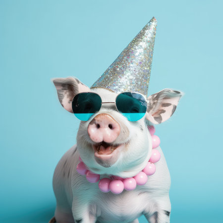 Adorable Pig Celebrating Birthday in Party Hat and Sunglasses. Perfect for anniversary and birthday cards. Generative AIの素材
