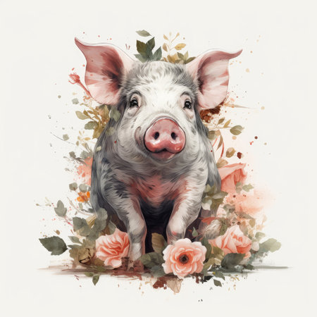Floral Pig on White Background for Invitations and Posters. Generative AIの素材