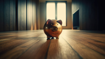 Saving for the Future: Realistic Piggy Bank on Wooden Surface. Generative AIの素材