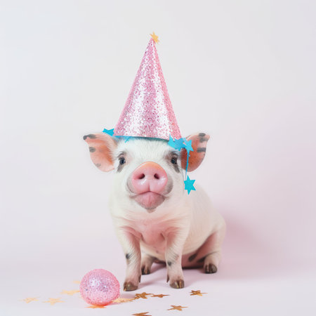 Adorable Pig Celebrating Birthday or Anniversary with Party Hat and Sunglasses. Perfect for greeting cards and invitations. Generative AIの素材