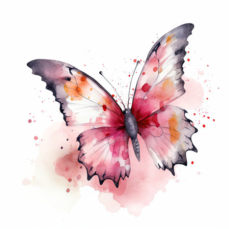 Pink Butterfly Watercolor on White Background for Invitations and Scrapbooking. Generative AIの素材