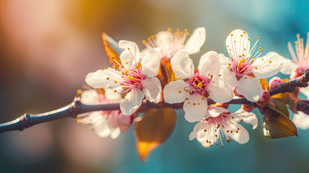 Blooming Pink Cherry Tree Flowers in Sunny Spring Garden. Perfect for Easter invitations. Generative AIの素材