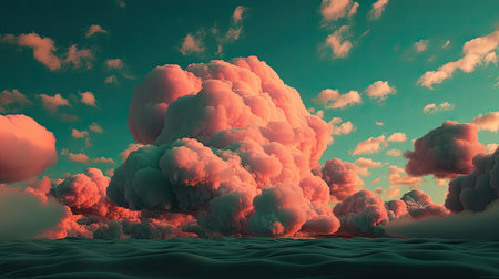Vibrant Pink and Orange Cumulus Clouds in a Dark Green Sky. Perfect for posters and wallpapers. Generative AIの素材