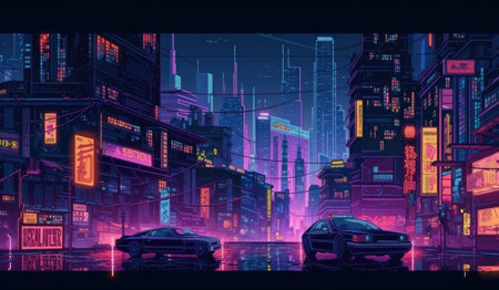 Nighttime Cyberpunk Cityscape with Skyscrapers, Neon Lights, and Billboards. Perfect for posters and web design. Generative AIの素材
