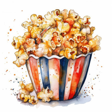 Delicious Popcorn on a White Watercolor Background. Perfect for snack packaging. Generative AIの素材