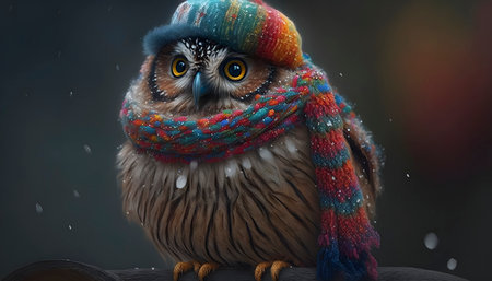 Colorful Knitted Style Owl with Pompom Hat and Scarf. Perfect for winter accessories. Generative AIの素材