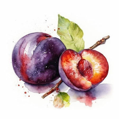 Plum Watercolor on White Background for Invitations and Posters. Generative AIの素材