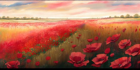 Dramatic Watercolor Painting of Poppies in Full Bloom for Invitations and Posters. Generative AIの素材