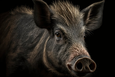 Wild Hog Portrait on Black Background for Posters and Web. Generative AIの素材