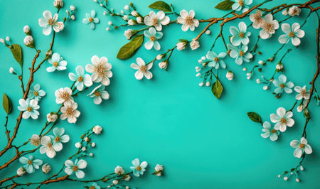 Springtime Beauty: Cherry Blossom Branches on Turquoise Background for Your Design. Generative AIの素材