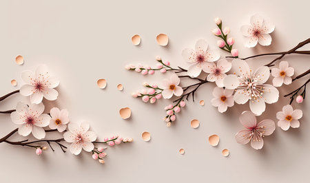 Springtime Beauty: Cherry Blossom Branches on Light Pink Background for Your Design. Generative AIの素材
