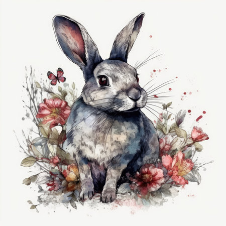 Whimsical Rabbit in a Floral Wonderland. Perfect for invitations and scrapbooking. Generative AIの素材
