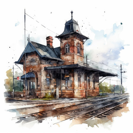 Vintage Railroad Station Watercolor Clipart on Clean White Background. Perfect for invitations and posters. Generative AIの素材