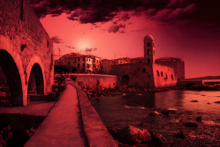 Vibrant Red Sky Over Alghero: Perfect for Travel Posters and Web Banners. Generative AIの素材