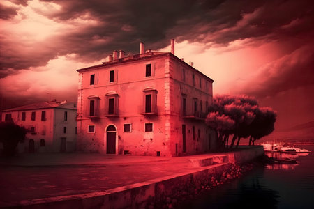 Vibrant Red Sky Over Alghero: Perfect for Travel Posters and Web Design. Generative AIの素材
