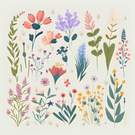 Trendy Cartoon-Style Meadow Flowers for Invitations and Posters. Generative AIの素材
