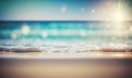 Calm Seascape Background with Bokeh Lights and Blurred Beach. Perfect for web design. Generative AIの素材