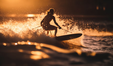 Silhouette of Female Surfer on Paddleboard at Sunset. Perfect for surfing enthusiasts. Generative AIの素材