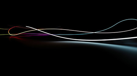 Shiny Neon Lines in Dark Room: Perfect Wallpaper for Modern Interiors. Generative AIの素材