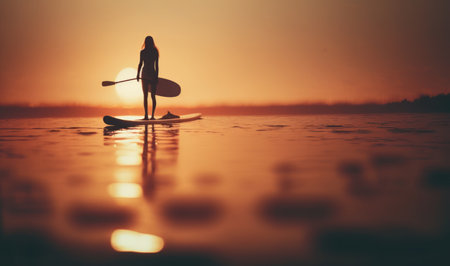 Silhouette of Female Surfer on Paddleboard at Sunset. Perfect for surfing enthusiasts. Generative AIの素材