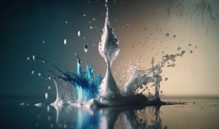 Ethereal Water Drop Splash in Slow Motion for Relaxation and Meditation. Generative AIの素材