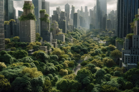 Greenery-Clad Cityscape: A Digital Artwork Captured with 24mm f/11. Perfect for posters and landing pages. Generative AIの素材