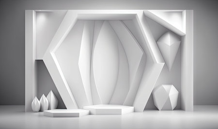 Elegant Futuristic Geometric Stage with Soft White Lighting. Perfect for event backdrops. Generative AIの素材