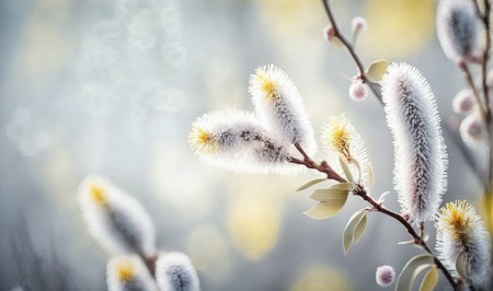 Pastel Gray Willow Branches with Blossom in Spring Background for Invitations. Generative AIの素材