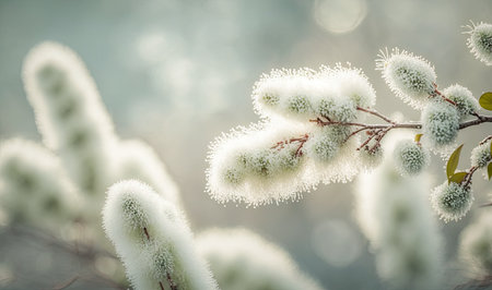 Pastel Gray Willow Branches Blossoming in Spring. Perfect for invitations and posters. Generative AIの素材