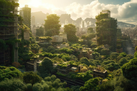 Greenery-Clad Cityscape: A Digital Artwork Captured with 24mm f/11. Perfect for posters and landing pages. Generative AIの素材