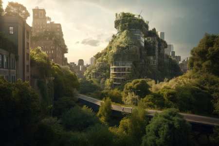 Greenery-Clad Cityscape: A Digital Artwork Captured with 24mm f/11. Perfect for posters and landing pages. Generative AIの素材