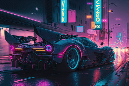 Futuristic Sports Car Driving in Cyberpunk City at Night. Perfect for posters and landing pages. Generative AIの素材