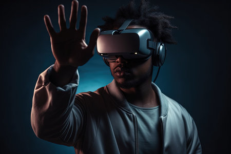 Immersive Gaming Experience with VR Glasses for Young African American Man. Generative AIの素材