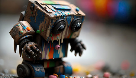 Colorful Junk Robot Crying - Perfect for Posters and Web Design. Generative AIの素材