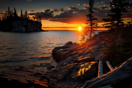 Serene Sunset at Lake Superior for Relaxation and Inspiration. Generative AIの素材