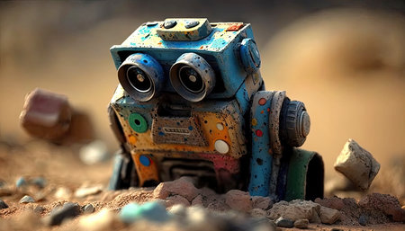 Colorful Junk Robot Crying: Perfect for Posters and Web Design. Generative AIの素材