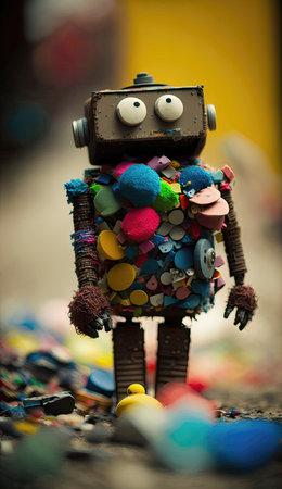 Colorful Robot Made from Junk for Web Design. Generative AIの素材