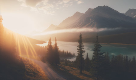 Ethereal Sunrise over Medicine Lake Mountain as Dreamy Background. Generative AIの素材