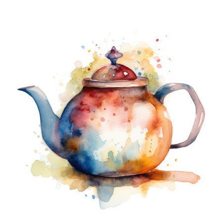 Cute Teapot Watercolor on White Background for Invitations and Scrapbooking. Generative AIの素材