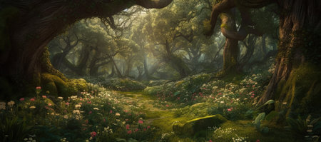 Fantastical Otherworldly Vision of a Green Forest with Trees and Flowers. Perfect for posters and wallpapers. Generative AIの素材