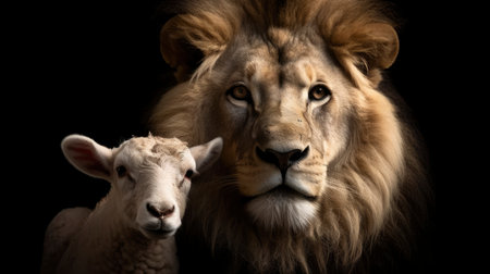 The Lion and the Lamb Together: A Symbol of Peace and Harmony. Generative AIの素材
